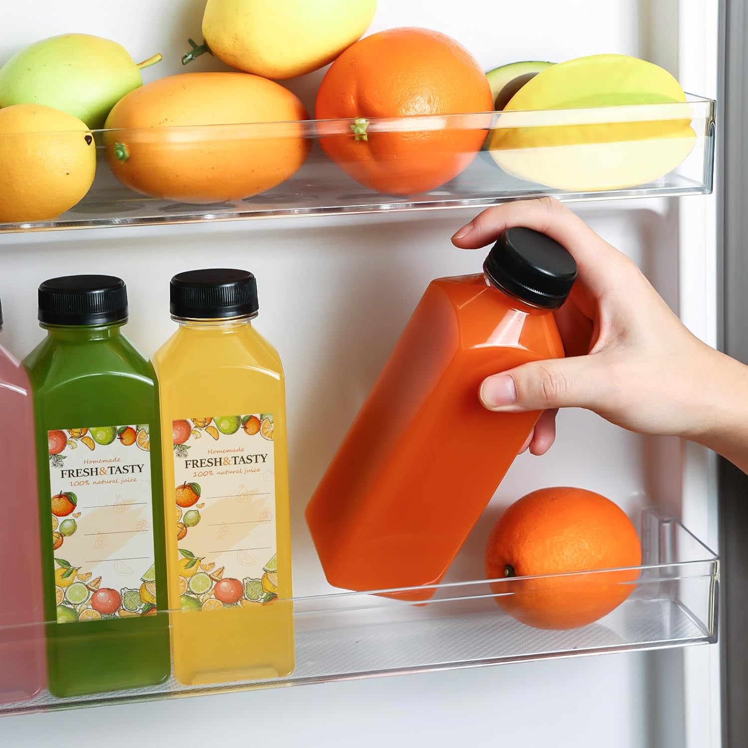 TOMNK 45pcs Juice Bottles with Lids, 16oz Reusable Plastic Juice Bottles with Caps and Labels, Funnel, Brush Beverage Containers for Juicing, Smoothies, Tea, Milk
