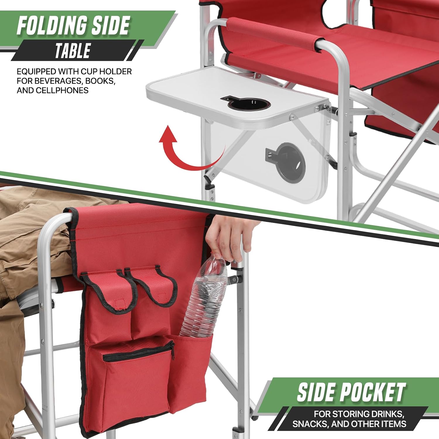 Directors Chair, 31“Tall Foldable Camping Chairs, Folding Aluminum Frame Vanity Chair, Makeup Artist Chair, Portable Camping Chair with Side Table, Cup Holder and Pockets, 250lbs Capacity (Cherry Red)