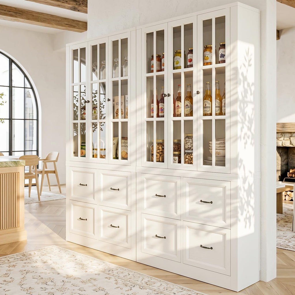 80" Modular Kitchen Pantry Cabinet, 2-in-1 Freestanding Tall Pantry Cabinet with Glass Doors & Adjustable Shelves, Large Hutch Storage Cabinet for Kitchen & Living Room (2, White, AB)