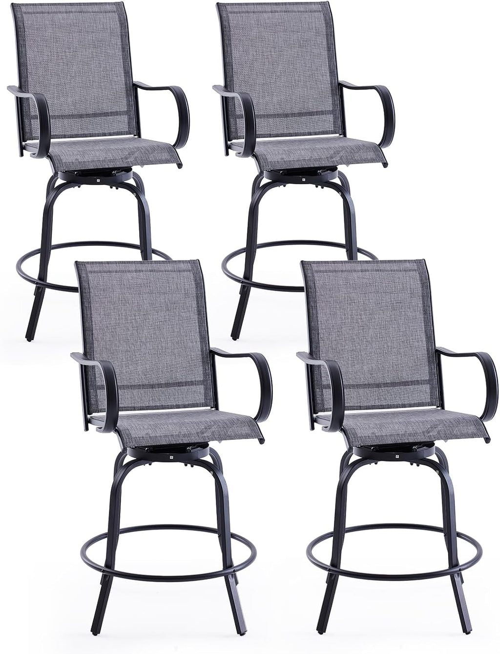 Patio Swivel Bar Stools Set of 4，All-Weather Outdoor High Bistro Stools with Textilene Fabric for Outside, Beach, Lawn, Poolside and Garden (Grey/Brown)