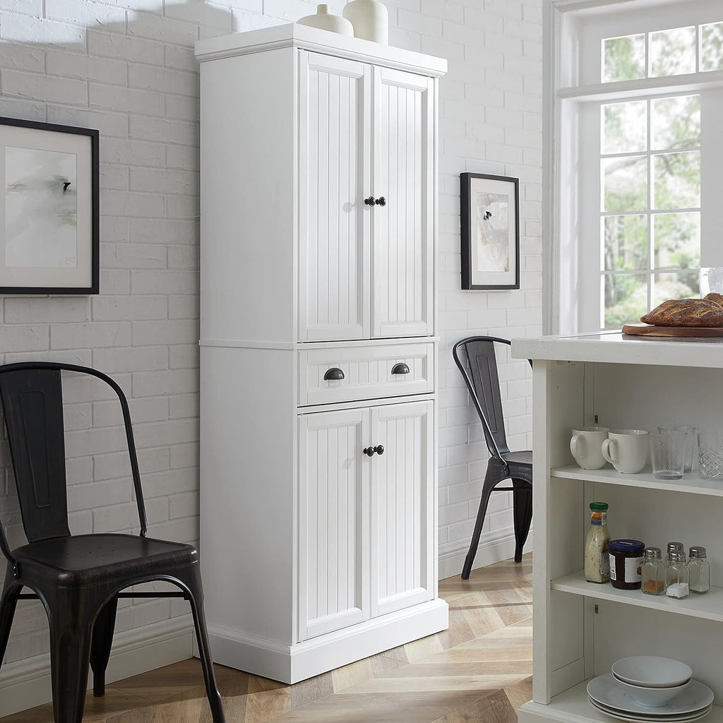 Maykoosh White Pantry Cabinet - Adjustable Shelves, 4 Door & 1 Drawer Storage