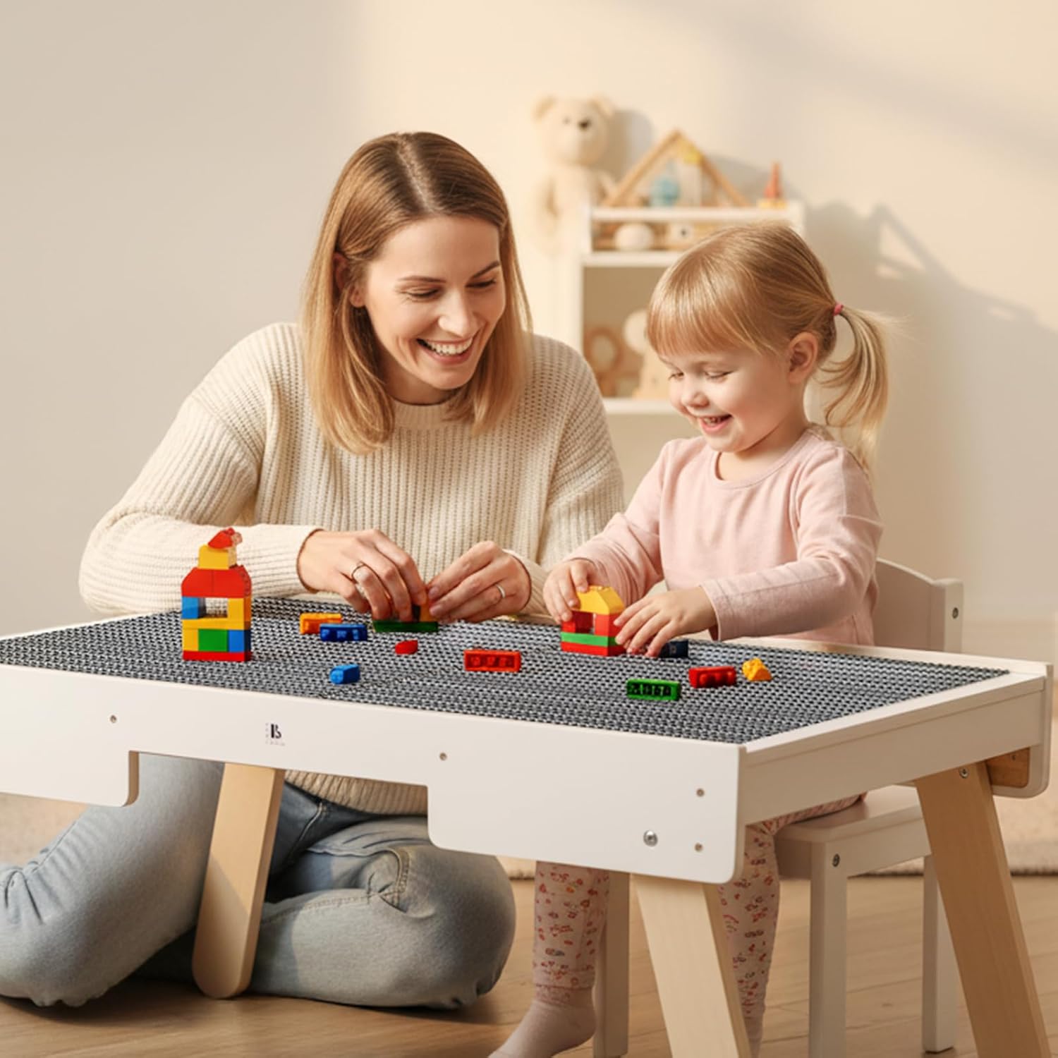 Youuys 3 in 1 Wooden Kids Activity Table & Building Board Compatible with Building Block,Storage Play Table Reversible Top Legs Fold for Easy Under Bed Storage （No Chairs）