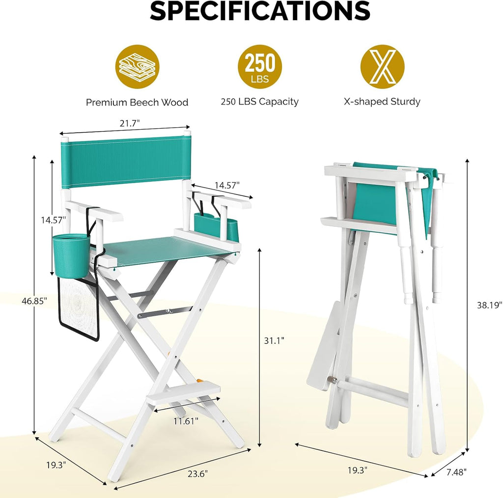 OmySalon Director's Chair 31" Height Folding Portable w/Storage Pouch & Footrest, Makeup Artist Chair for Salon, Events, Mobile, 250lb Capacity, White Wood Frame & Turquoise Canvas Seat