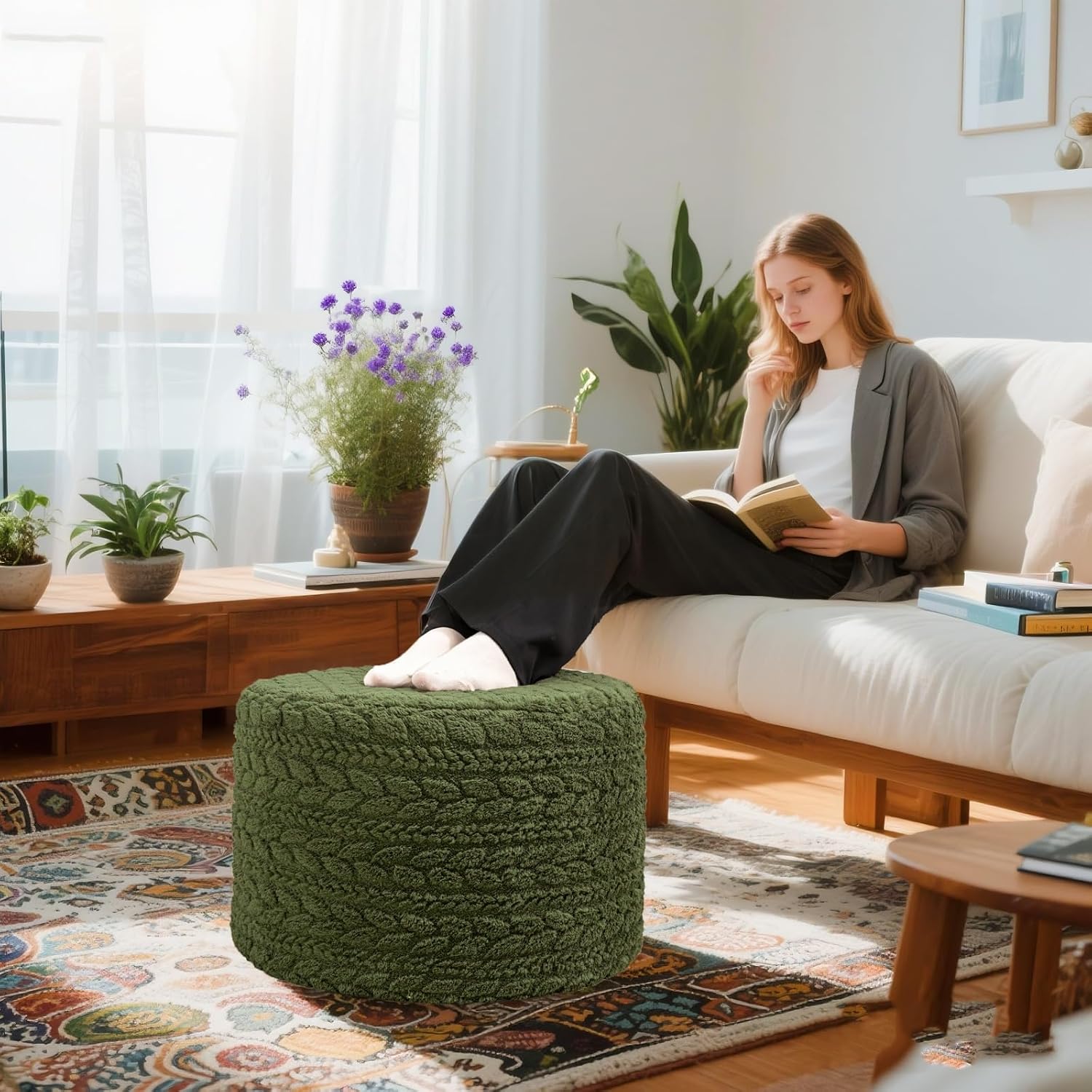 Round Pouf Ottoman Foot Stool 20x14In Ottoman Footrest for Couch Sofa Green | All-in-one Foam Floor Pouf,Ottoman Coffee Table,Footstool Ottoman Boho Poof Home Decor Beanbag Chairs for Living Room Bedroom