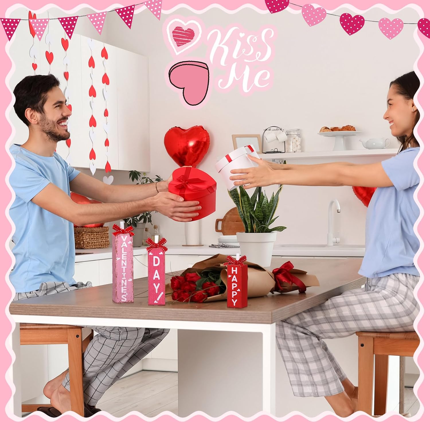 Redbaker 3 Pcs Valentine's Day Decorations for Home Wooden Block Sign Happy Valentines Day Table Decor Rustic Farmhouse Red Pink Centerpieces for Tiered Tray Wedding Mother Party Shelf Mantel Favor