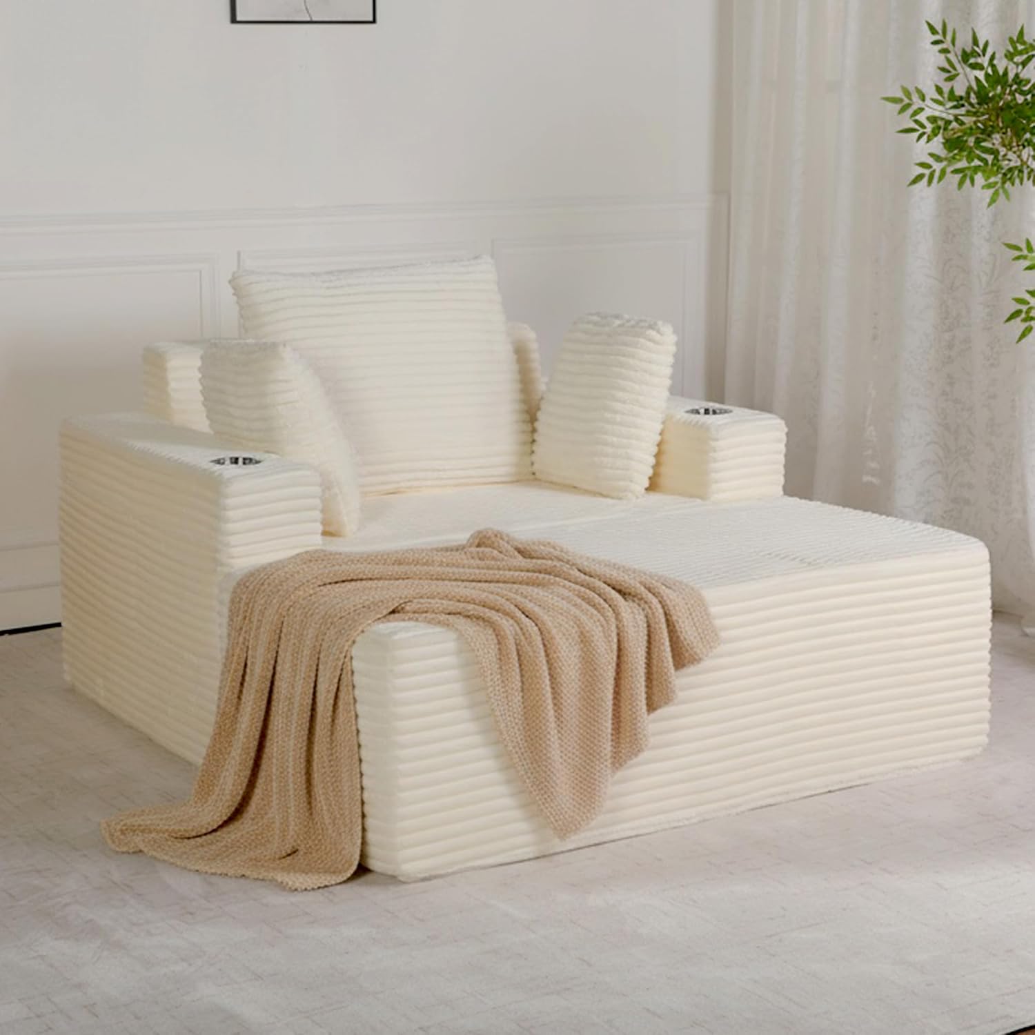 54"W Oversized Chaise Lounge Chair Indoor, Boneless Chaise Lounge Couch, Convertible Comfy Reading Chairs, Corduroy Sleeper Chair Couches for Living Room, Compression Sofa with Ottoman, Beige