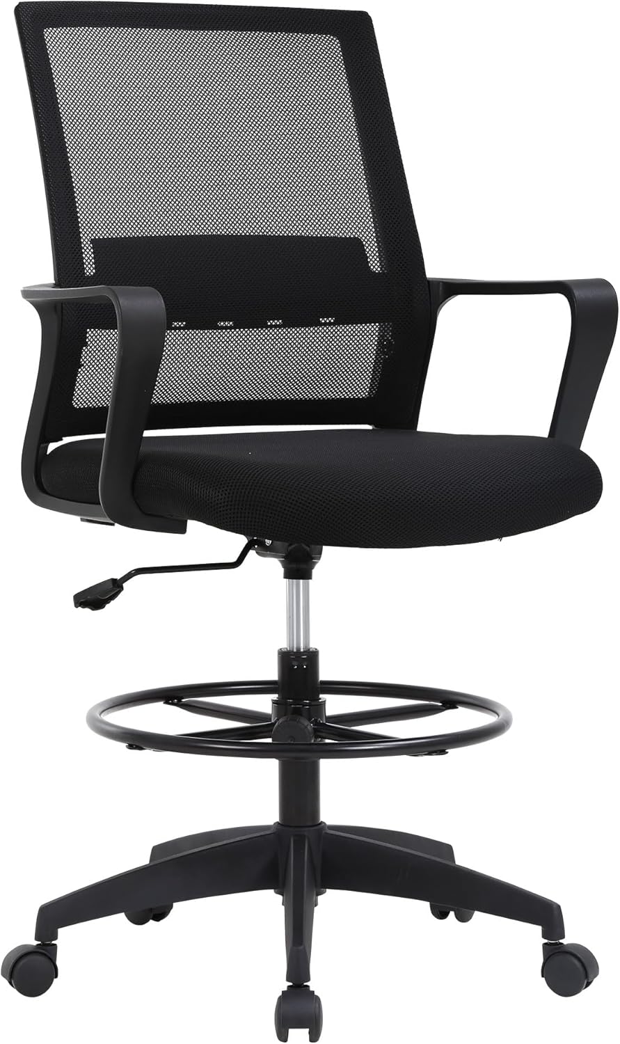 BestOffice Drafting Chair Tall Office Chair Adjustable Swivel Rolling Mesh Height with Lumbar Support Arms Footrest Mid Back for Adults Standing Desk Drafting Stool(Black)