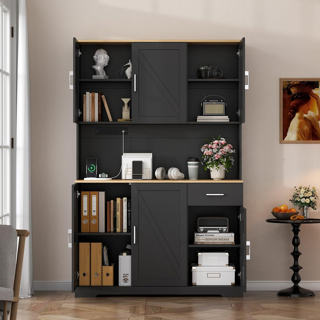 71" Tall Kitchen Pantry Storage Cabinet with Charging Station,Farmhouse Buffet Cabinet with Microwave Shelf,Large Kitchen Hutch Cabinet Doors & Drawer,Food Pantry for Dining Room,Living Room (Black)
