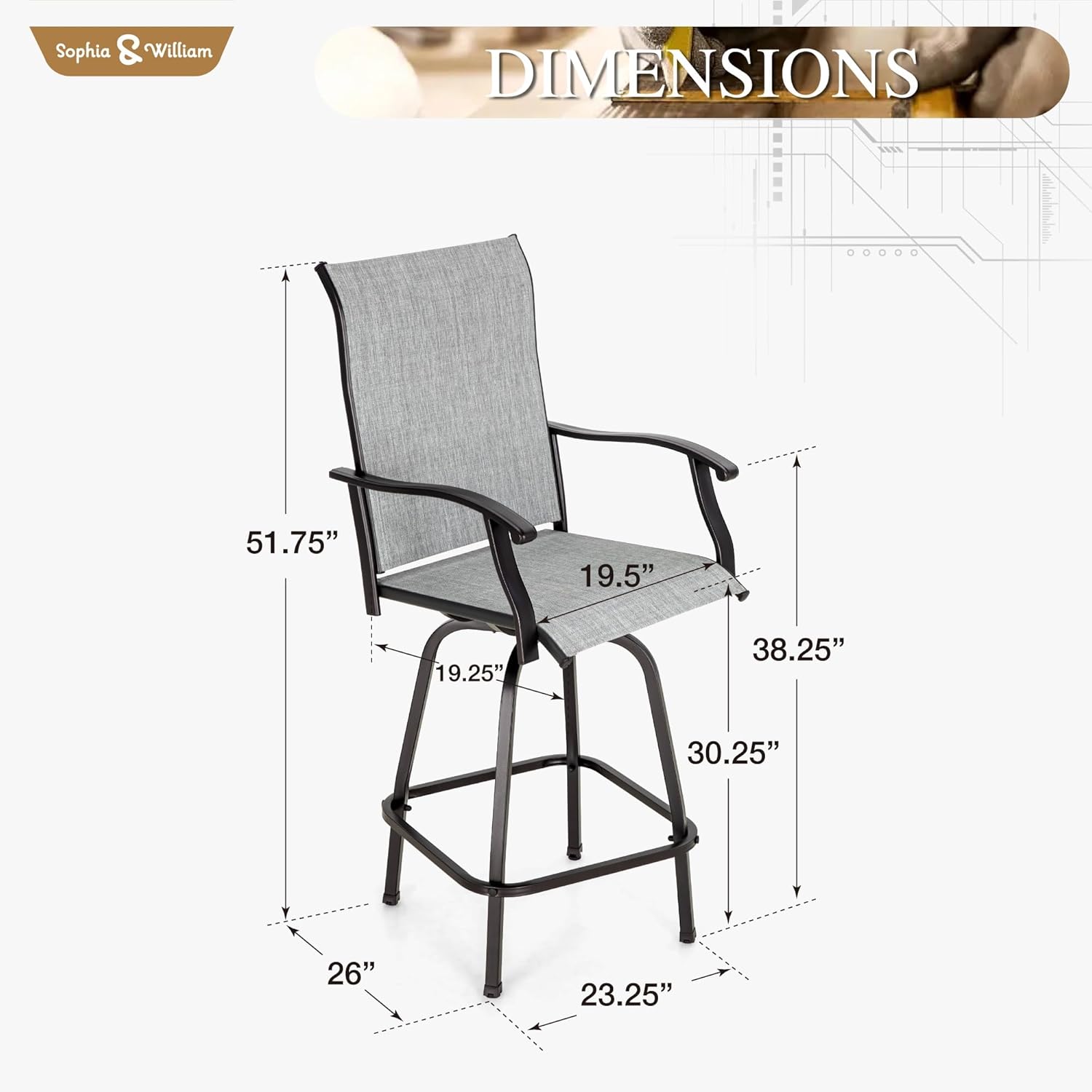 Sophia & William Outdoor Bar Stools Set of 4, Bar Height Patio Chairs, Outdoor Swivel Bar Stools High Top Patio Chairs, Supports 300 lbs (Light Grey Fabric)