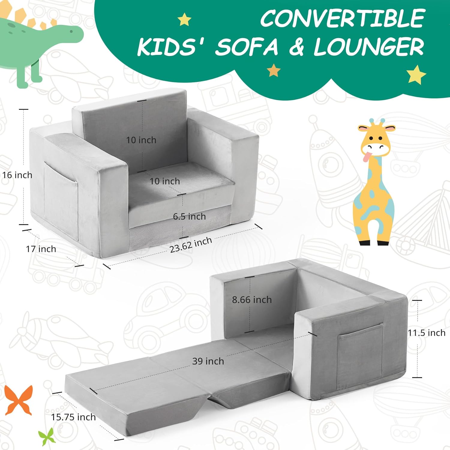 Kids Couch, 2-in-1 Toddler Chair Comfy 1-3 Years Old, Convertible Kids Chair, Toddler Couch Sofa, Kid Sofa to Lounge Bed for Boys and Girls Gifts, Kids Recliner, Grey