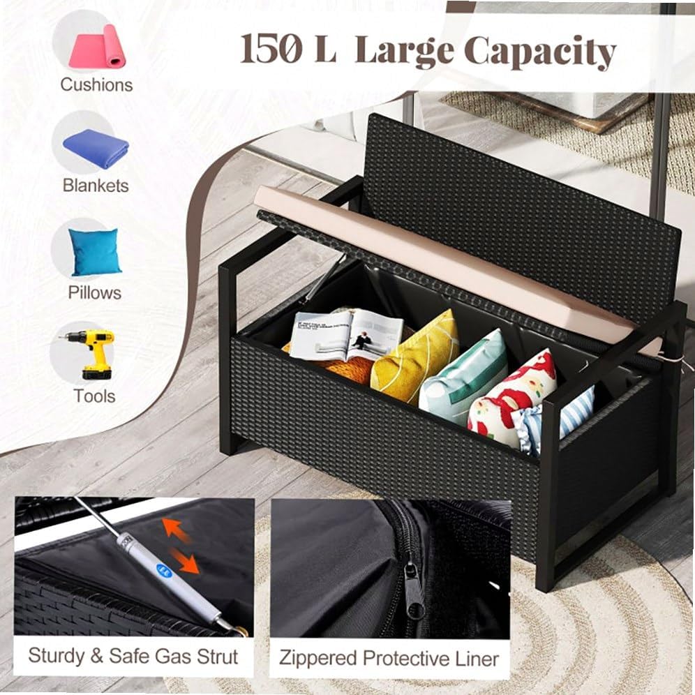 Outdoor Storage Bench PE Rattan Woven Rattan Pattern Brown 24.5x46x33.5in 40Gal Compartment 800lb Capacity Seat Cushion Included