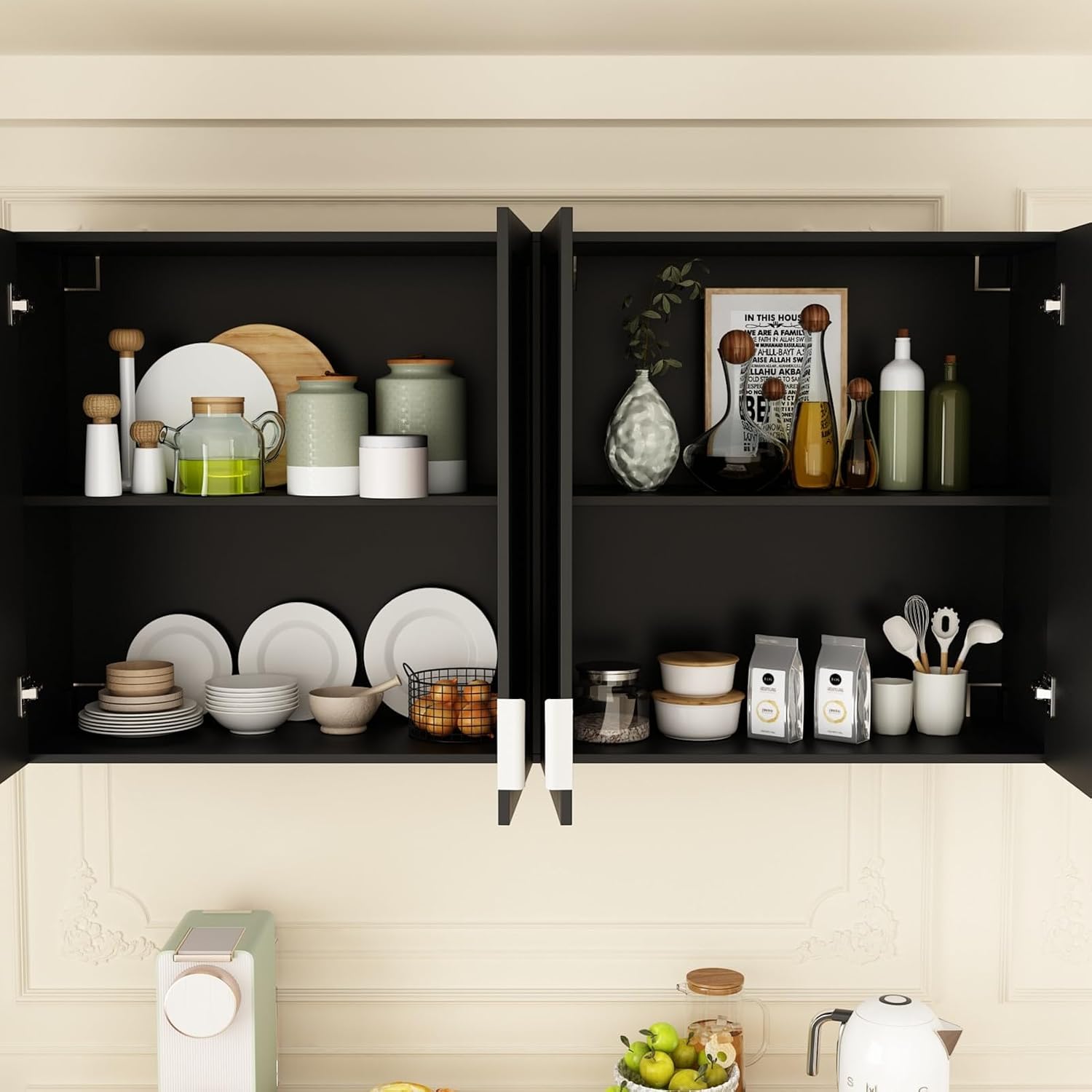 Kitchen Cabinet Set with 5 Drawers and Shelves, Wall-Mounted Pantry Cabinet Set with Doors & Countertop, for Kitchen Storage Black and Oak
