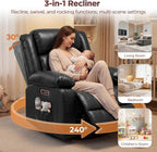 Power Swivel Rocker Recliner Chair with Independent Footrest Control | Massage Recliner Chair, Dual Motor, Nursery Rocker Reclining Chair with Pockets, LED Light for Living Room, PU Black