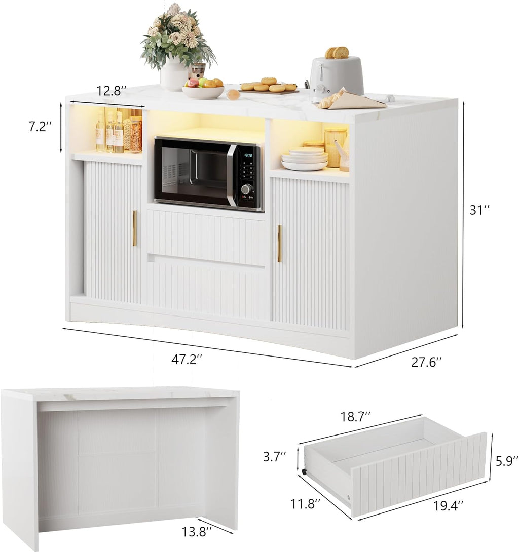 Kitchen Island with Storage, Island Table for Kitchen with Power Outlet & LED Light, Rolling Buffet Cabinet with Fluted Sliding Door, 2 Drawers, Large Countertop, White