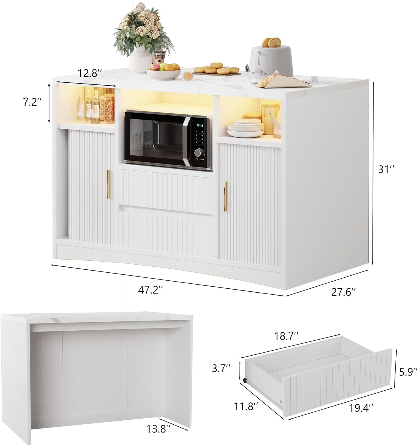 Kitchen Island with Storage, Island Table for Kitchen with Power Outlet & LED Light, Rolling Buffet Cabinet with Fluted Sliding Door, 2 Drawers, Large Countertop, White