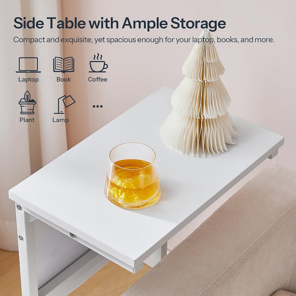 HOOBRO C Shaped End Table with Charging Station, 28" H Couch Side Table Slide Under, Sofa Arm Tray Table with Storage Bag for Living Room, Recliner, White WW70USF01