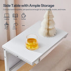 HOOBRO C Shaped End Table with Charging Station, 28" H Couch Side Table Slide Under, Sofa Arm Tray Table with Storage Bag for Living Room, Recliner, White WW70USF01