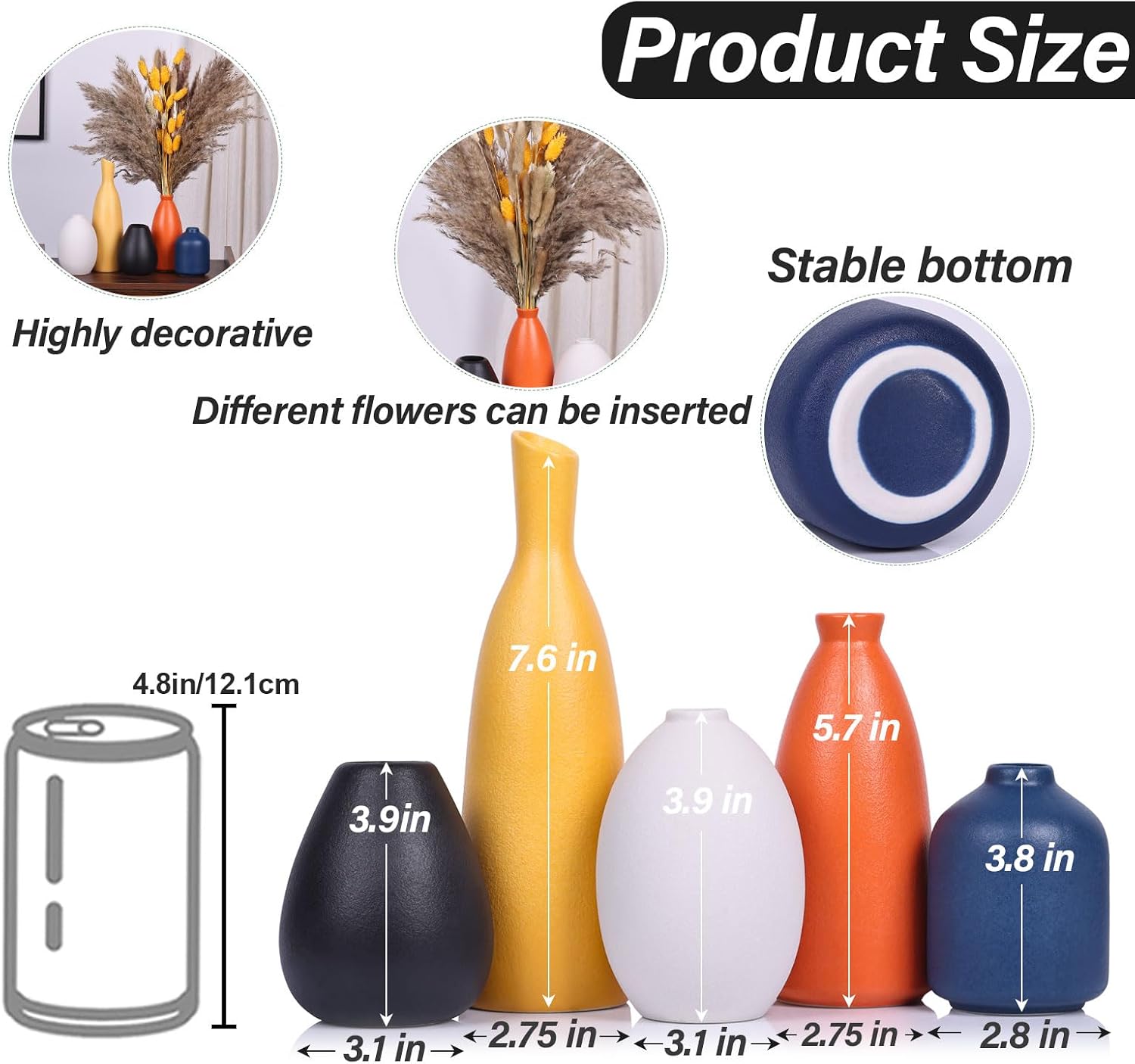 Colorful Ceramic Bud Vases Set of 5 - Multicolor Yellow, Orange, Blue Small Vases for Home Decor - Ideal for Living Room, Kitchen, Office, Bathroom, Mantle, Entrance, Farmhouse & Coffee Table Decor