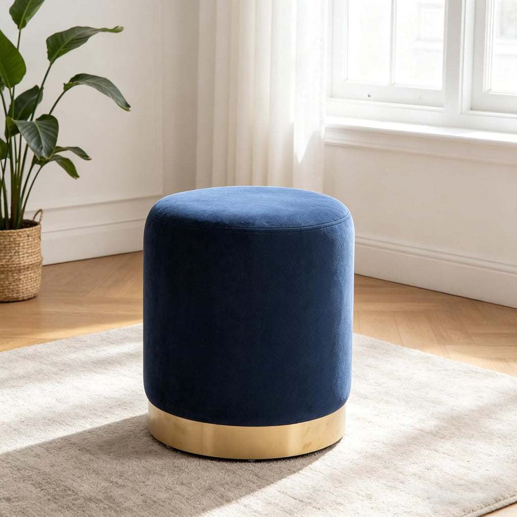 LSSBOUGHT Round Velvet Ottoman, 16" H Footrest Stool with Gold Metal Base, Modern Upholstered Vanity Stool for Living Room, Bedroom, Entryway (Blue, Set of 1)