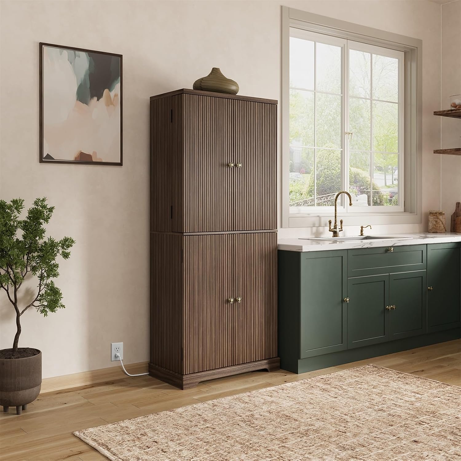 71" Tall Fluted Kitchen Pantry Cabinet, Modern Fluted Pantry Cabinet with Doors, Kitchen Pantrys Storage Cabinets with Drawer and Adjustable Shelves Doors for Dining Room, Living Room, Walnut