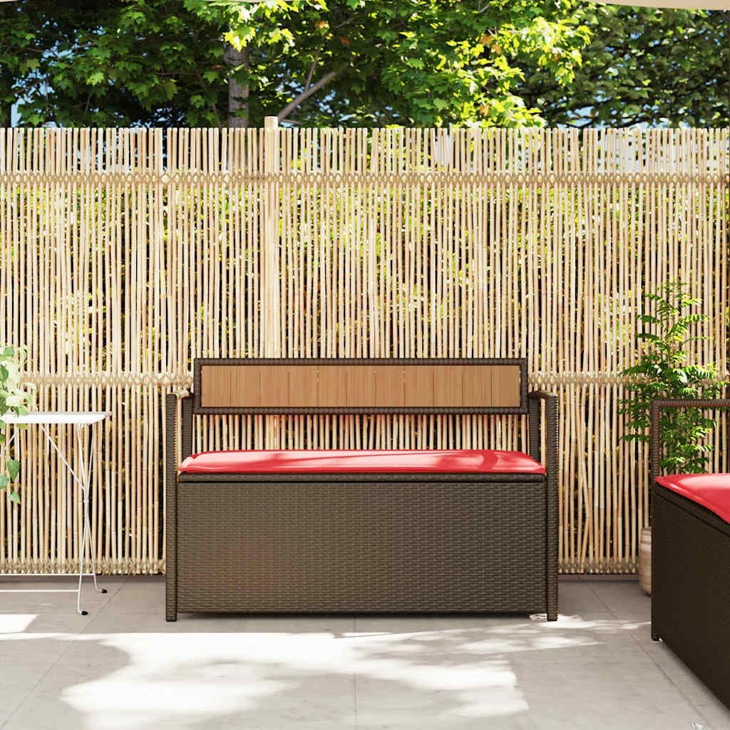 Brown Poly Rattan Patio Storage Bench with Cushion, Outdoor Seat for Cushions and Gardening Supplies