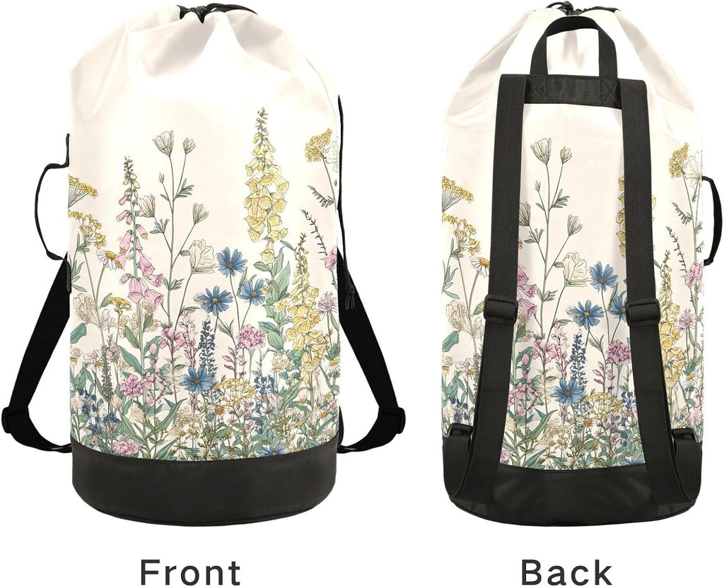 Flower Leaves Beige Laundry Bag Backpack Dirty Clothes Organizer With Strap and Handles Washable for College Travel Camp Dorm Essentials