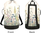 Flower Leaves Beige Laundry Bag Backpack Dirty Clothes Organizer With Strap and Handles Washable for College Travel Camp Dorm Essentials