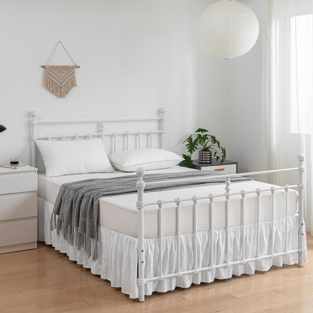 Striped Tufted Bed Skirt Queen Size, Ruffled Bed Skirts with Split Corners, Queen Bed Skirt 14 Inch Drop Dust Ruffle with Platform, White, 14'' Queen