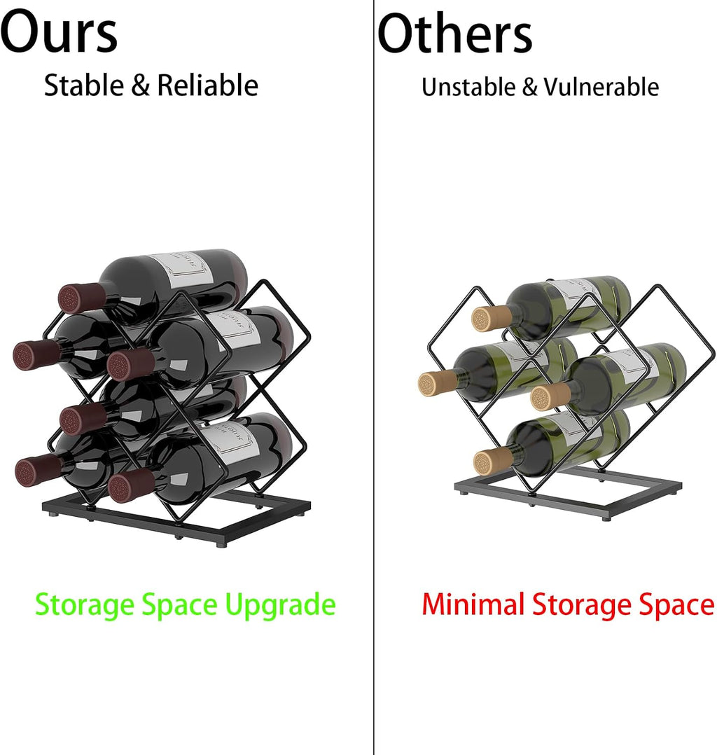 Countertop Wine Rack, 6 Bottles Wine Storage Capacity, Modern Corner Metal Wine Bottle Holder for Bar, Cabinet, Pantry, Tabletop Wine Racks for Cup and Water Bottle – Black