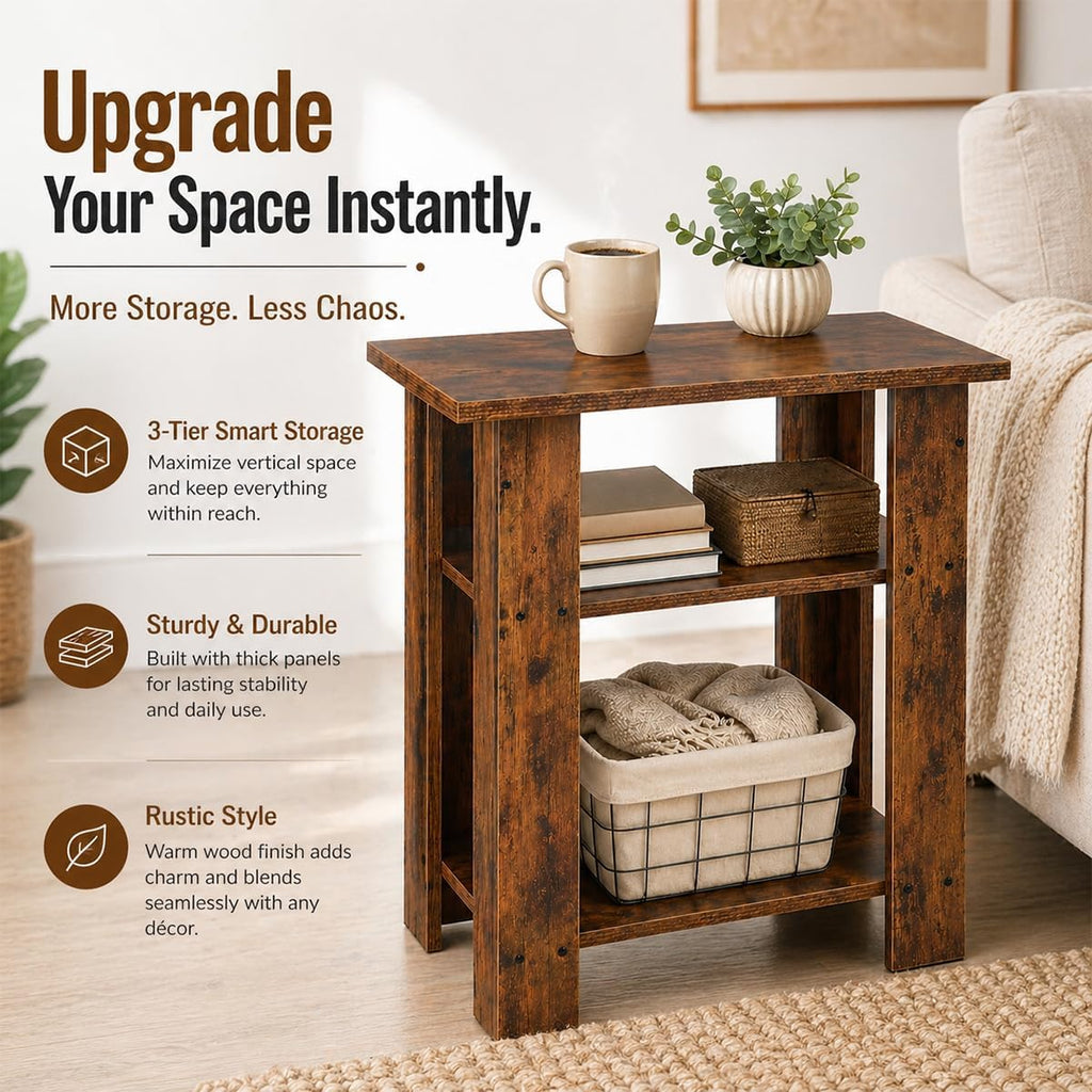 Narrow Side Table, 3 Tier Rustic End Table for Living Room, Small Wood Nightstand with Storage Shelves, Slim Bedside Table for Bedroom, Couch, Small Spaces, 22.8" High,Farmhouse Style