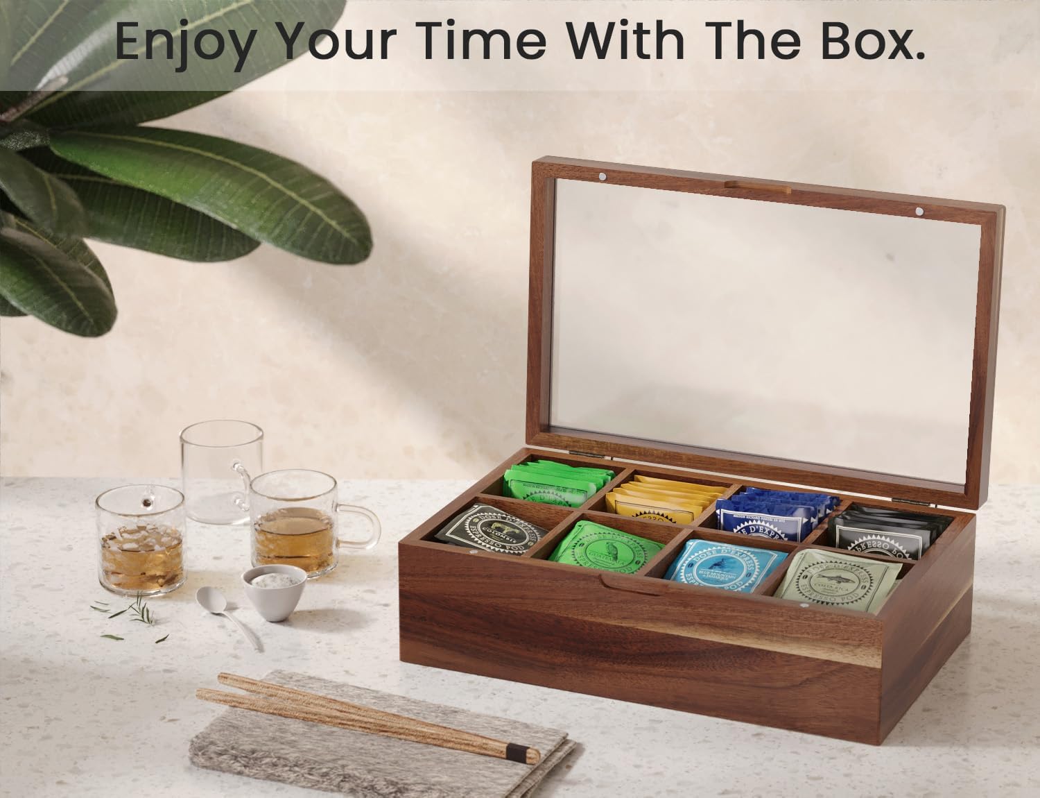 Acacia Wood Tea Bag Storage Box with 8 Compartments & Clear Window | Selected natural wood with elegant grain, versatile for coffee sugar candy jewelry, magnetic sealed lid, smooth finish