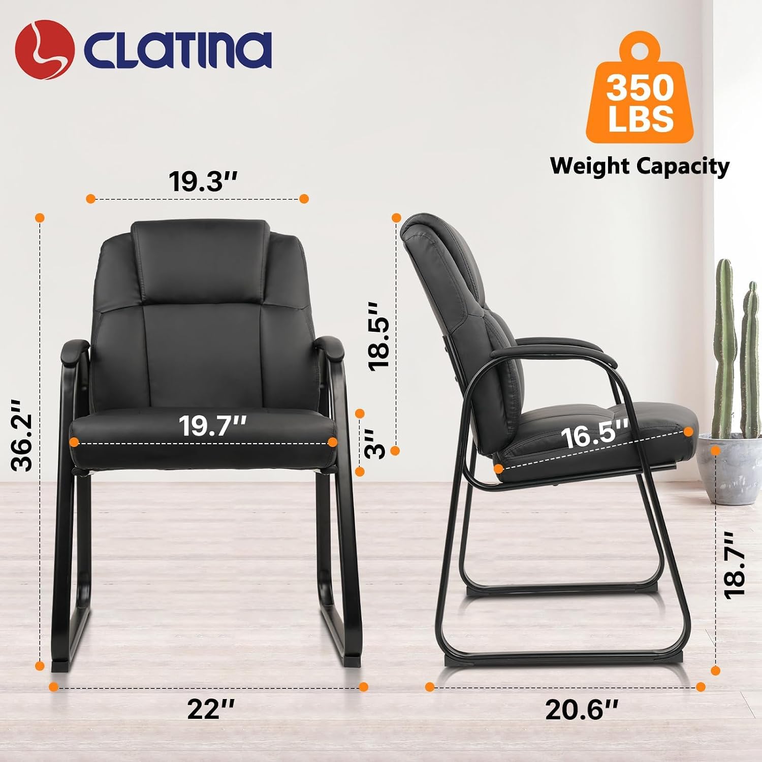 CLATINA Leather Waiting Room Chair, Sled Base No Wheels Reception Guest Chair with Padded Armrest, Comfy Upholstered Office Computer Desk Chair for Home Office Meeting Room Lobby, Black, 8 Pack