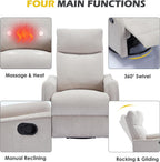 Trustyue Swivel Rocker Recliner Chair, 360° Swivel Recliner with Heat and Massage, Rocker Recliner Nursery Glider Chair with Side Pockets for Living Room (Beige, Fabric)