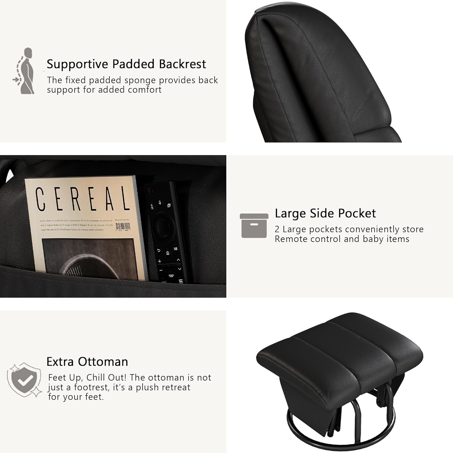 AODAILIHB 360° Swivel Glider Recliner with Ottoman, Nursing Glider Rocking Chair with Foot Rest & 2 Side Pockets for Nursery, Living Room, Bedroom, Office, Black