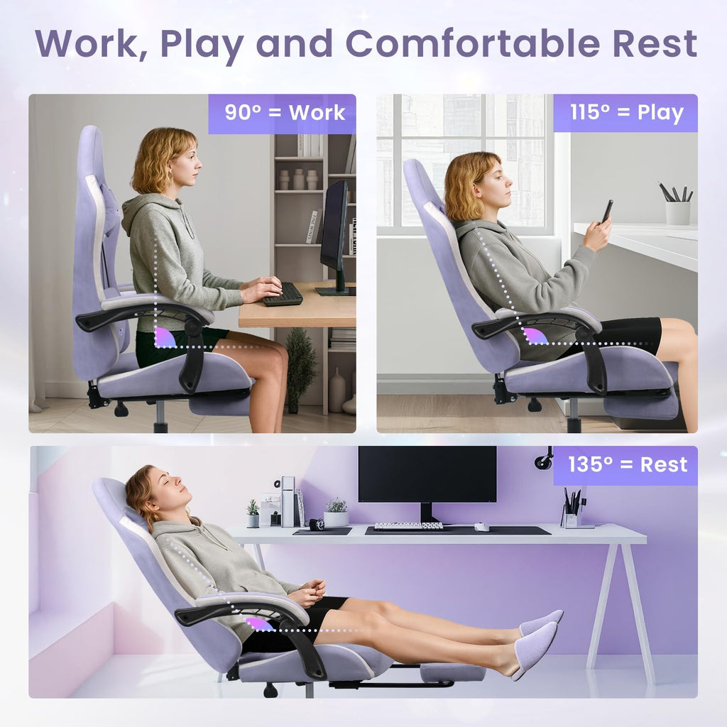 N-GEN GAMING Gaming Chair Video Game Computer Office Desk Use Ergonomic Reclining Backrest Adjustable Armrests Lumbar Support Footrest High Density Foam Breathable Fabric Heavy Duty Base (Purple)