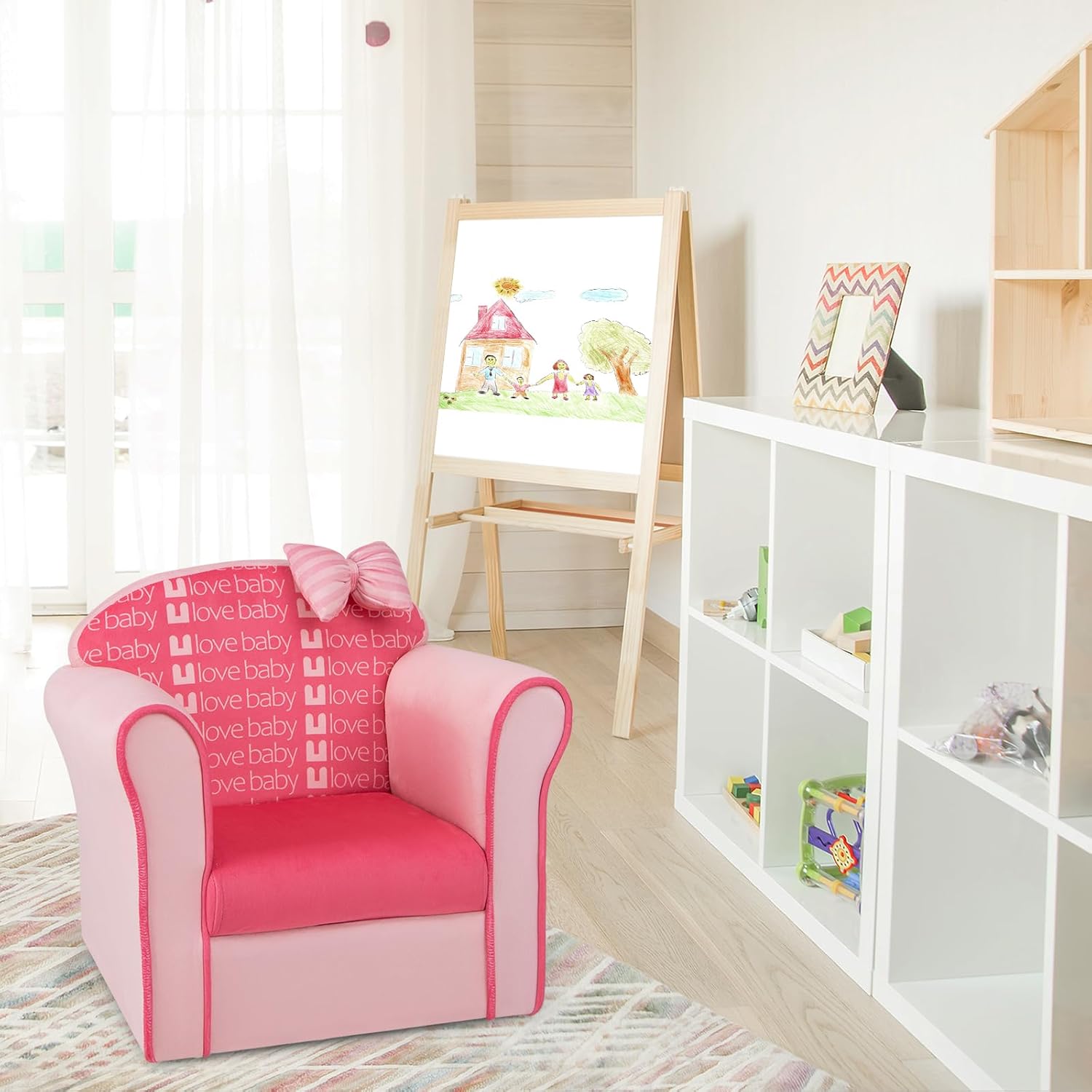 Costzon Kids Pink Couch, Children's Sofa Upholstered Armchair with Velvet Surface & High-Density Sponge, Lightweight Preschool Toddler Chair for Boys Girls, Bedroom Playroom Gift Presents