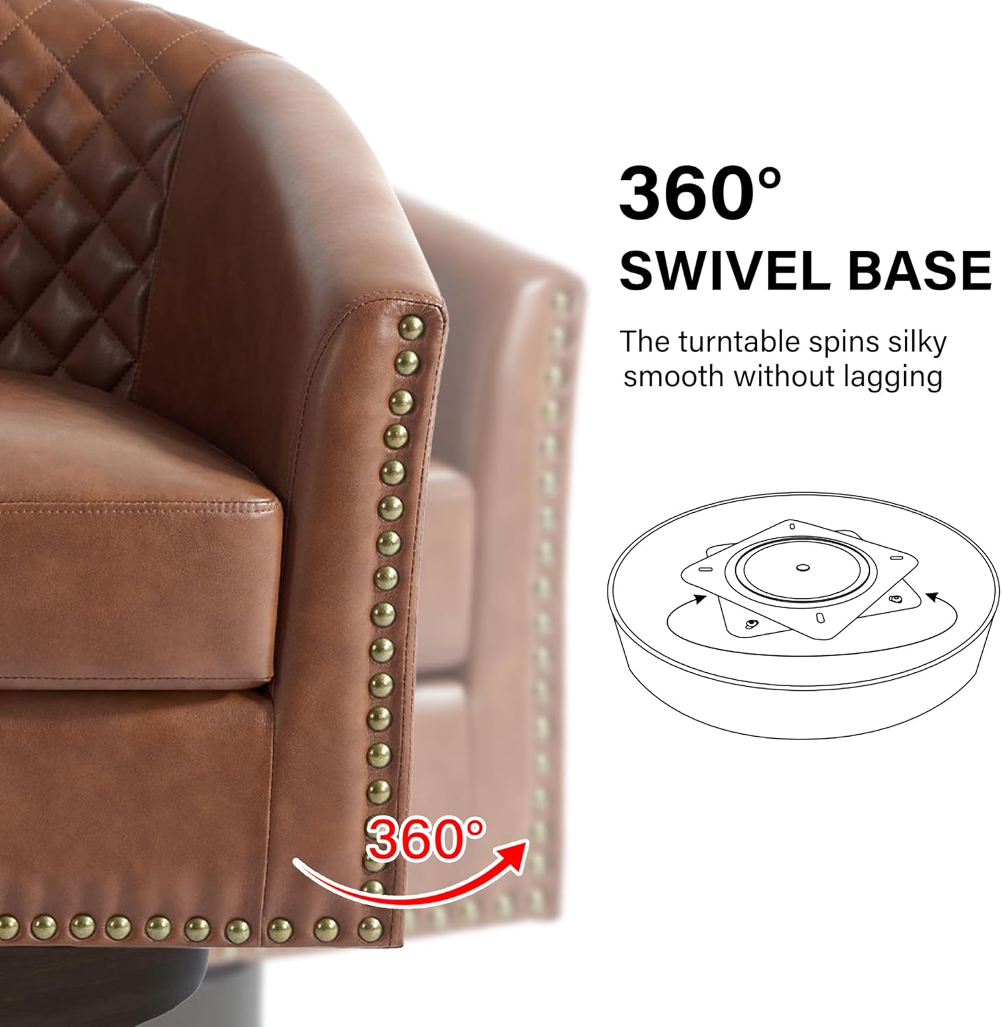 Swivel Barrel Accent Chair Set of 2, Comfy Modern Upholstered Round Faux Leather Arm Chair for Living Room, Bedroom, Brown