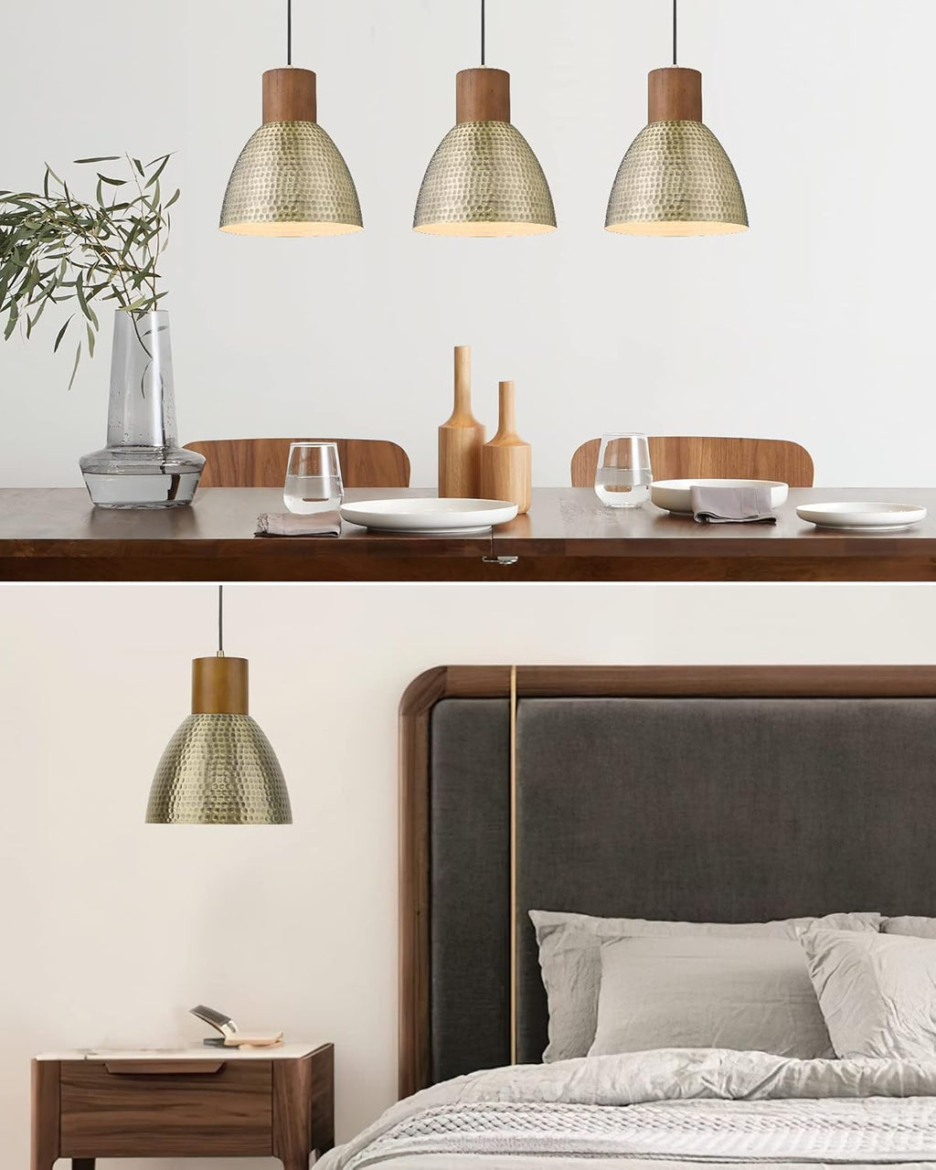 ELYONA 2 Pack Hammered Pendant Light Fixtures, 10.2" Vintage Metal Solid Wood Hanging Bar Lamp, Mid Century Antique Gold Pendant Lights for Kitchen Island, Farmhouse, Dining Room, Brushed Brass