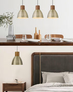 ELYONA 2 Pack Hammered Pendant Light Fixtures, 10.2" Vintage Metal Solid Wood Hanging Bar Lamp, Mid Century Antique Gold Pendant Lights for Kitchen Island, Farmhouse, Dining Room, Brushed Brass