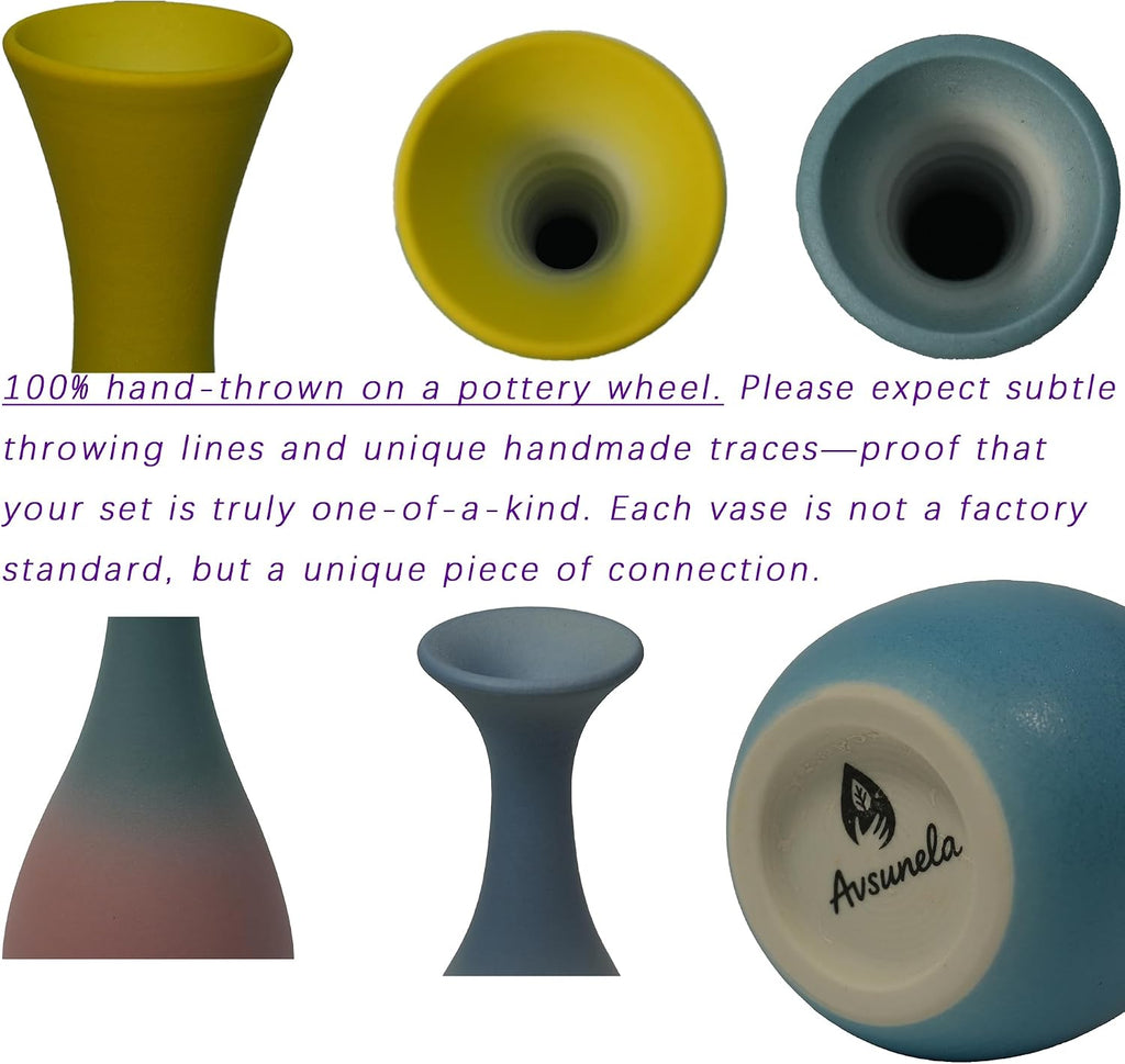 Handmade Ceramic Bud Vases Set of 3, Gradient Ombre Colors, Matte Frosted Finish, Teardrop Shape with Narrow Necks, Modern Minimalist Decor