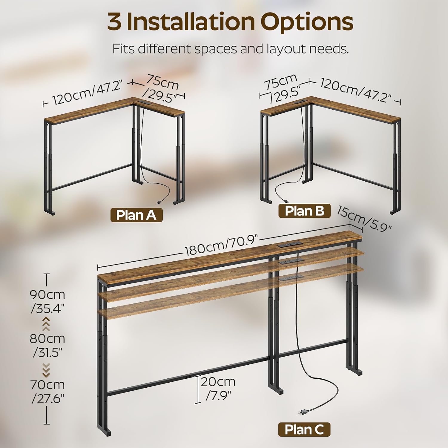 YATINEY 70.9" Narrow Console Table with Adjustable Height (27.6"-35.4"), L Shaped Sofa Table Narrow Long, Skinny Behind Couch Table with USB-C Ports, 5.9" Wide Sofa Side Table, Rustic Brown CT28UBR