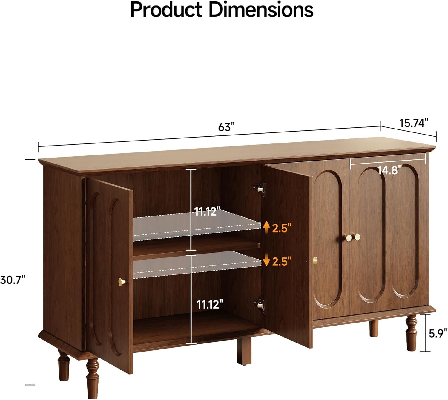 ONBRILL 63 Inch Buffet Cabinet with Storage, Arched Sideboard Cabinet with 4 Doors and Adjustable Shelves, Wooden Coffee Bar for Kitchen, Living Room, Entryway,Walnut