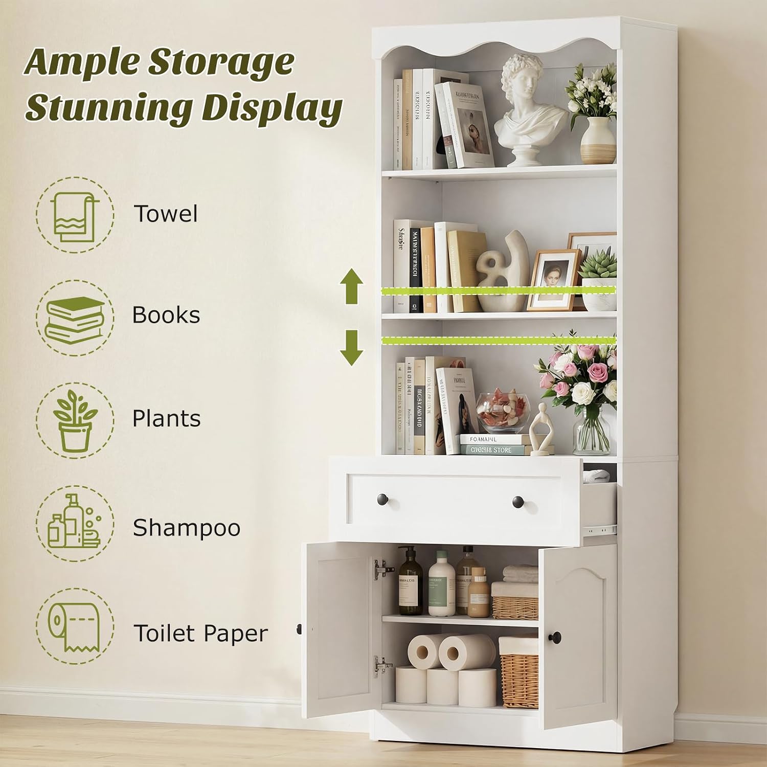 Cyclysio 3-Piece Pantry Cabinet Set, 80" Tall Kitchen Pantry Storage Cabinets with Glass Doors, Open Shelves, and 7 Drawers, White Wood Pantry Hutch Set for Kitchen, Dining Room, Living Room