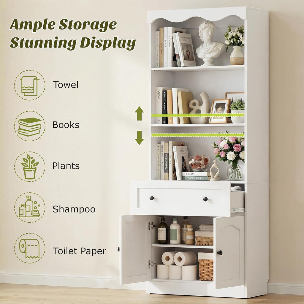 Cyclysio 2-Piece Pantry Cabinet Set, 80" Tall Kitchen Pantry Storage Cabinets with Glass Doors, Open Shelves and Drawer, White Pantry Hutch Set with Adjustable Shelf, 3.15" Baseboard Cutout