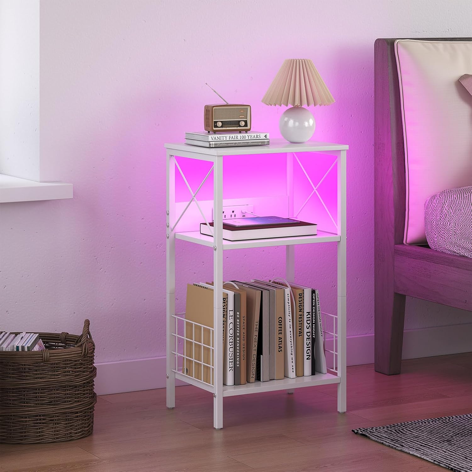 sthmec 3 Tiers End Table with Charging Station, LED Record Player Stand for Vinyl Storage, Vinyl Storage for Albums, Vinyls Shelf Record Player Table for Living Room, Bedroom White