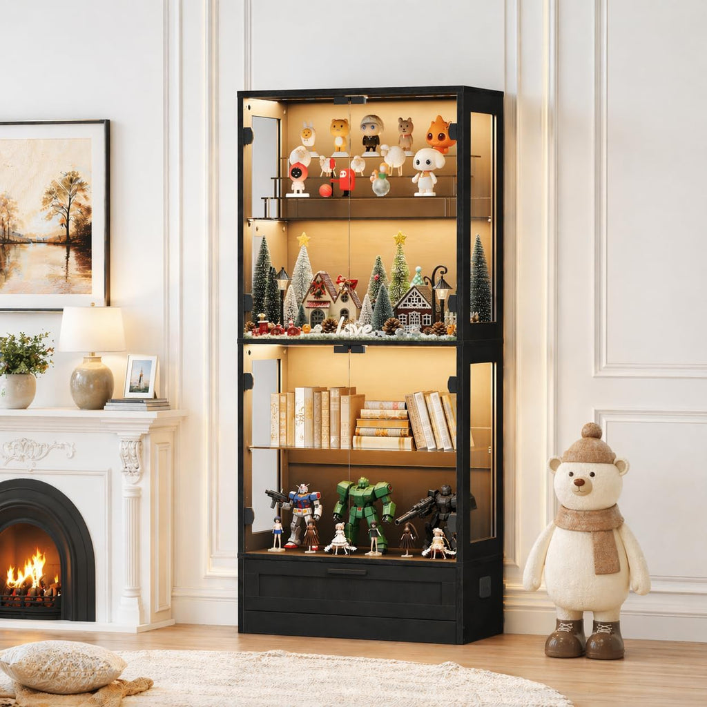 Glass Display Cabinet, 4-Tier Showcase with Drawer and Acrylic Layers, Glass Display Case & Bookcase with Human Body Sensor, 4-Tier Curio Cabinet with 3 Color Lights for Collectibles, Black