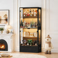 Glass Display Cabinet, 4-Tier Showcase with Drawer and Acrylic Layers, Glass Display Case & Bookcase with Human Body Sensor, 4-Tier Curio Cabinet with 3 Color Lights for Collectibles, Black