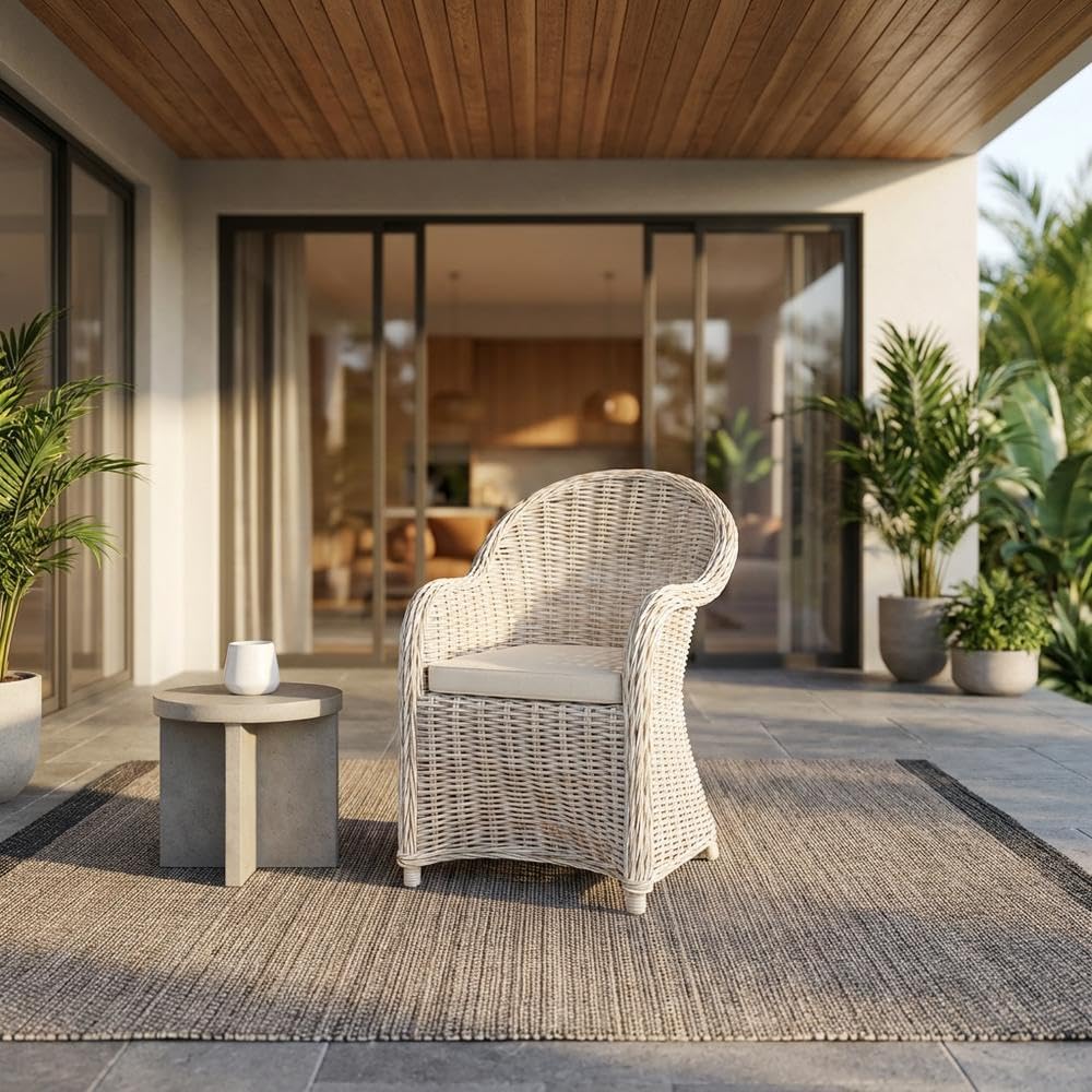 White Wicker Club Chair with Rattan Frame, Cotton Fabric, Comfortable Armrest, Stylish Design for Outdoor Lounge, Deck Or Patio
