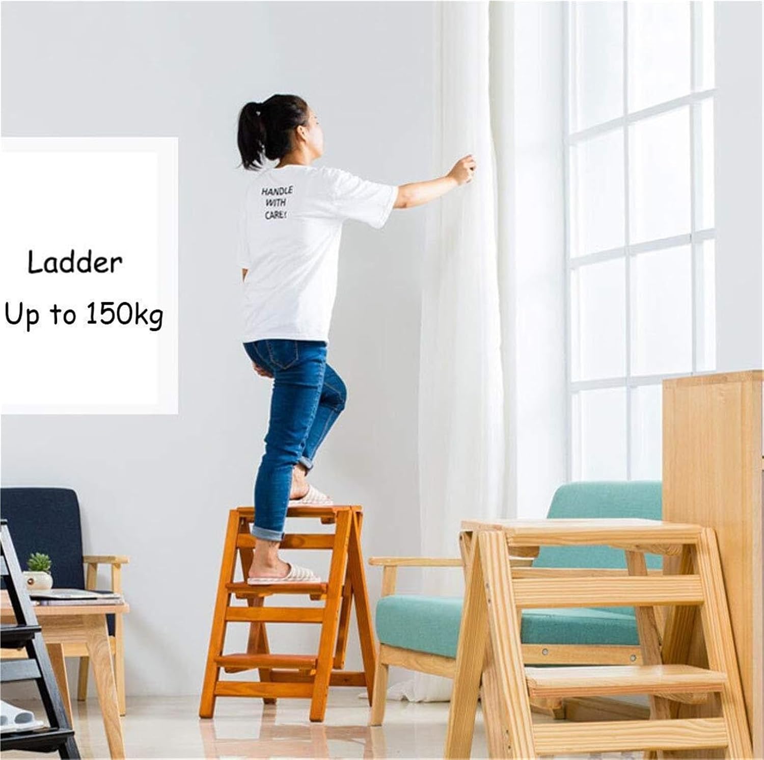 Step Stool Walnut Color 2/3/4-Step Wood Folding Step Stool Ladder - Lightweight Wide Tread Design for Home Library Loft Kitchen - 150kg Capacity(4 Steps)