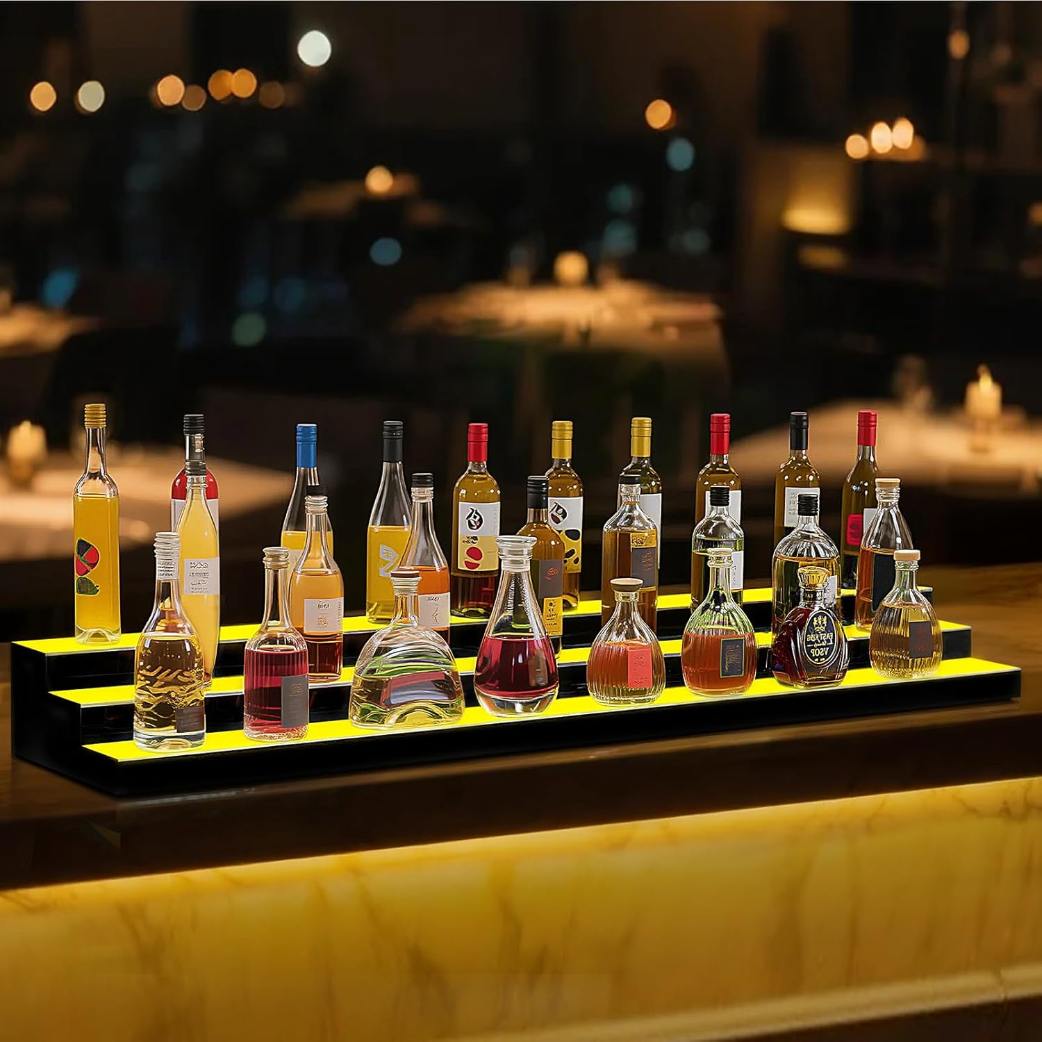VEVOR LED Lighted Liquor Bottle Display, 3 Tier 70 Inch, Illuminated Home Bar Shelf with RF Remote & App Control, 7 Static Colors, Acrylic Lighted Whiskey Shelf for 52 Bottles, Powered by Adapter Only